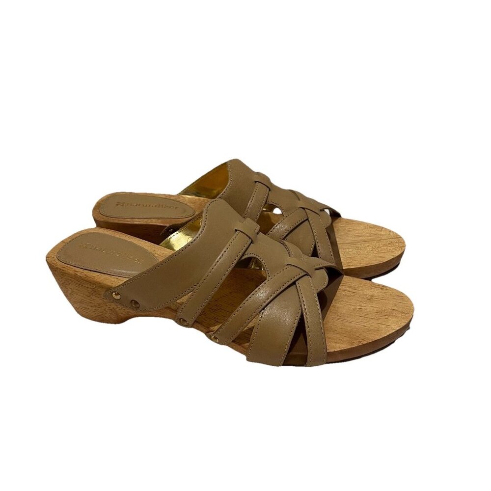 Naturalizer Womens Athens Faux Wooden Clogs Sandals Mules Size 7N Tan Open Toe